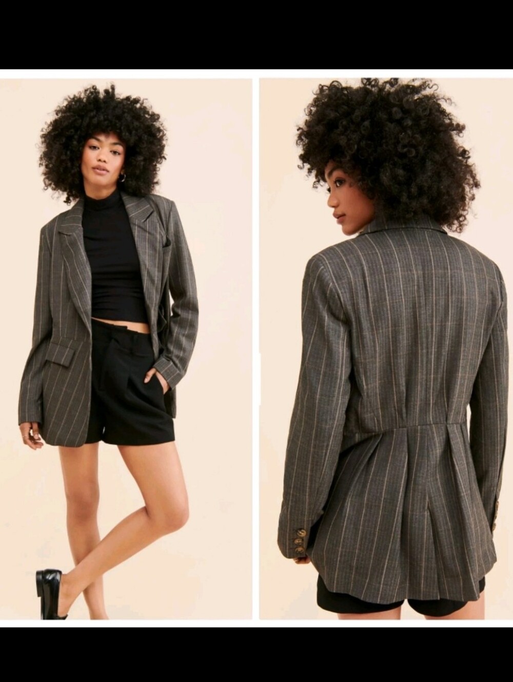 NWT Free People Charlotte Pinstriped Pleat Back Blazer Charcoal Combo Large $198